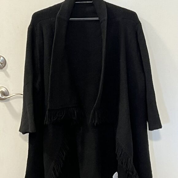 GILI Long Sleeve Open Front Black Draped Oversized Cardigan Fringed Poncho SzM-L - Picture 2 of 12